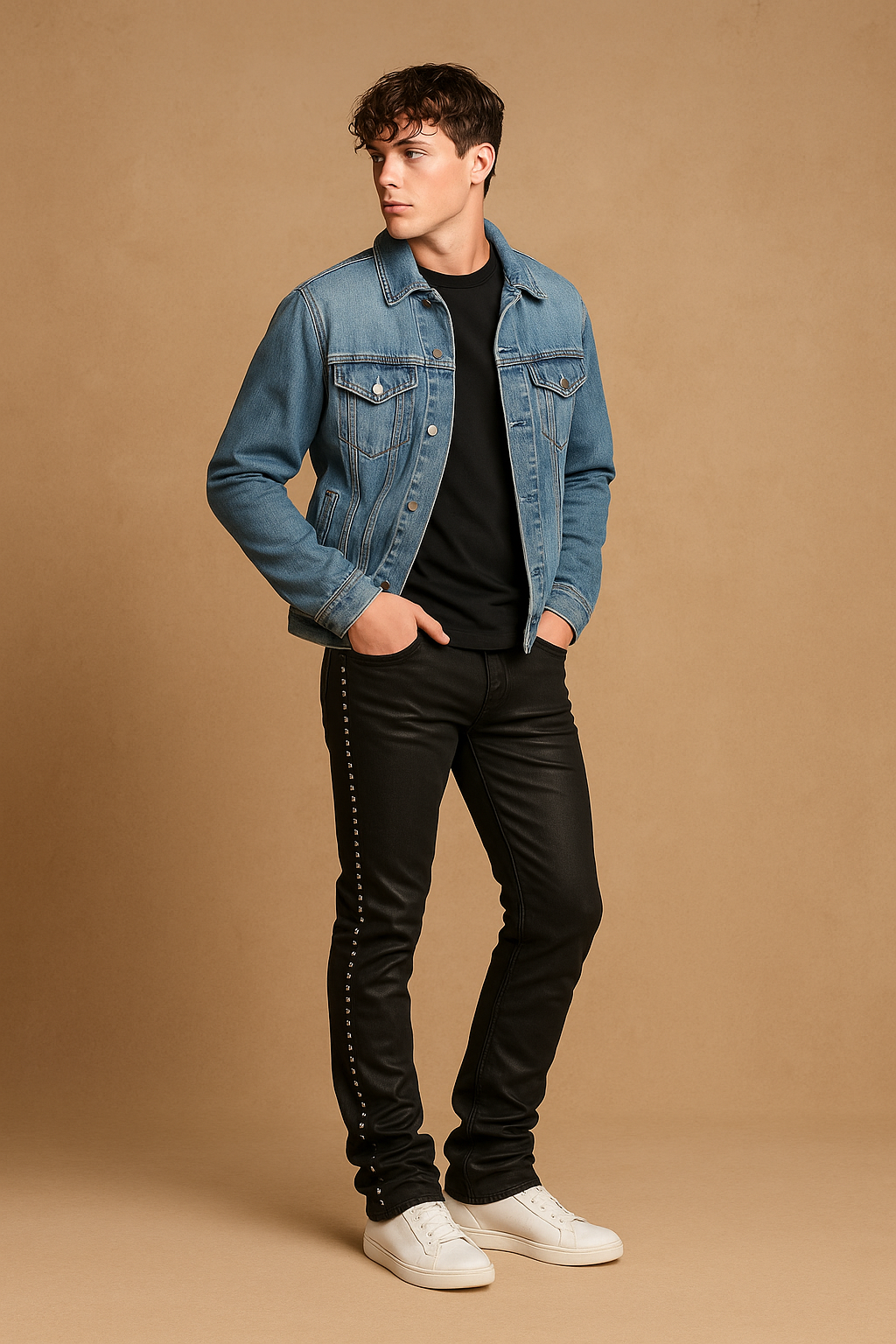 Waimea Men's Jet Black Wax Coated Stacked Jeans with Studs