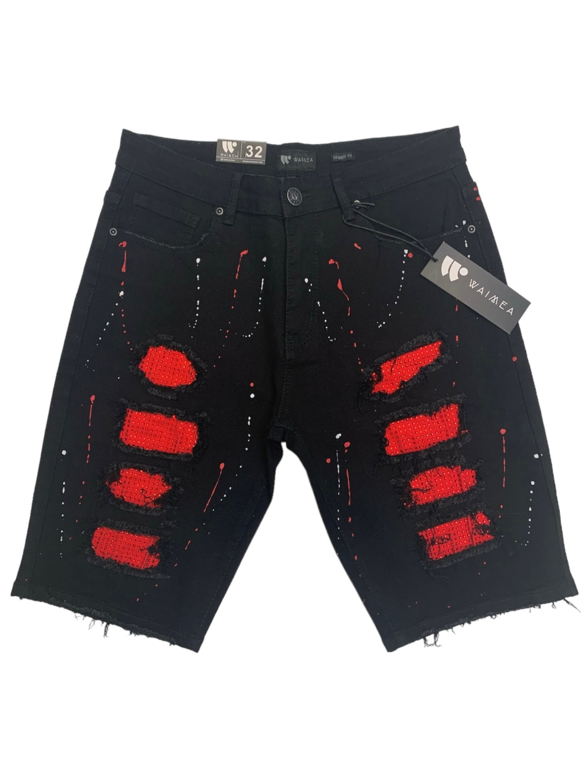 Waimea Men's Black & Red Denim Shorts with Rhinestone Rips