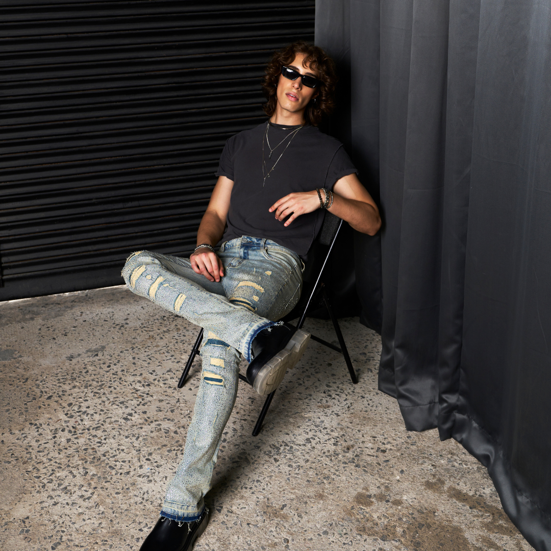 Waimea Men's Stacked Fit Jeans with Rhinestones Front and Back