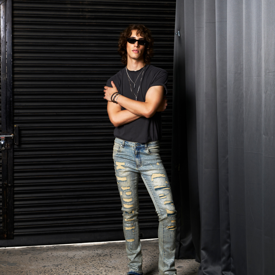 Waimea Men's Stacked Fit Jeans with Rhinestones Front and Back