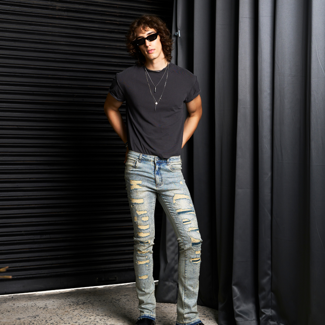 Waimea Men's Stacked Fit Jeans with Rhinestones Front and Back