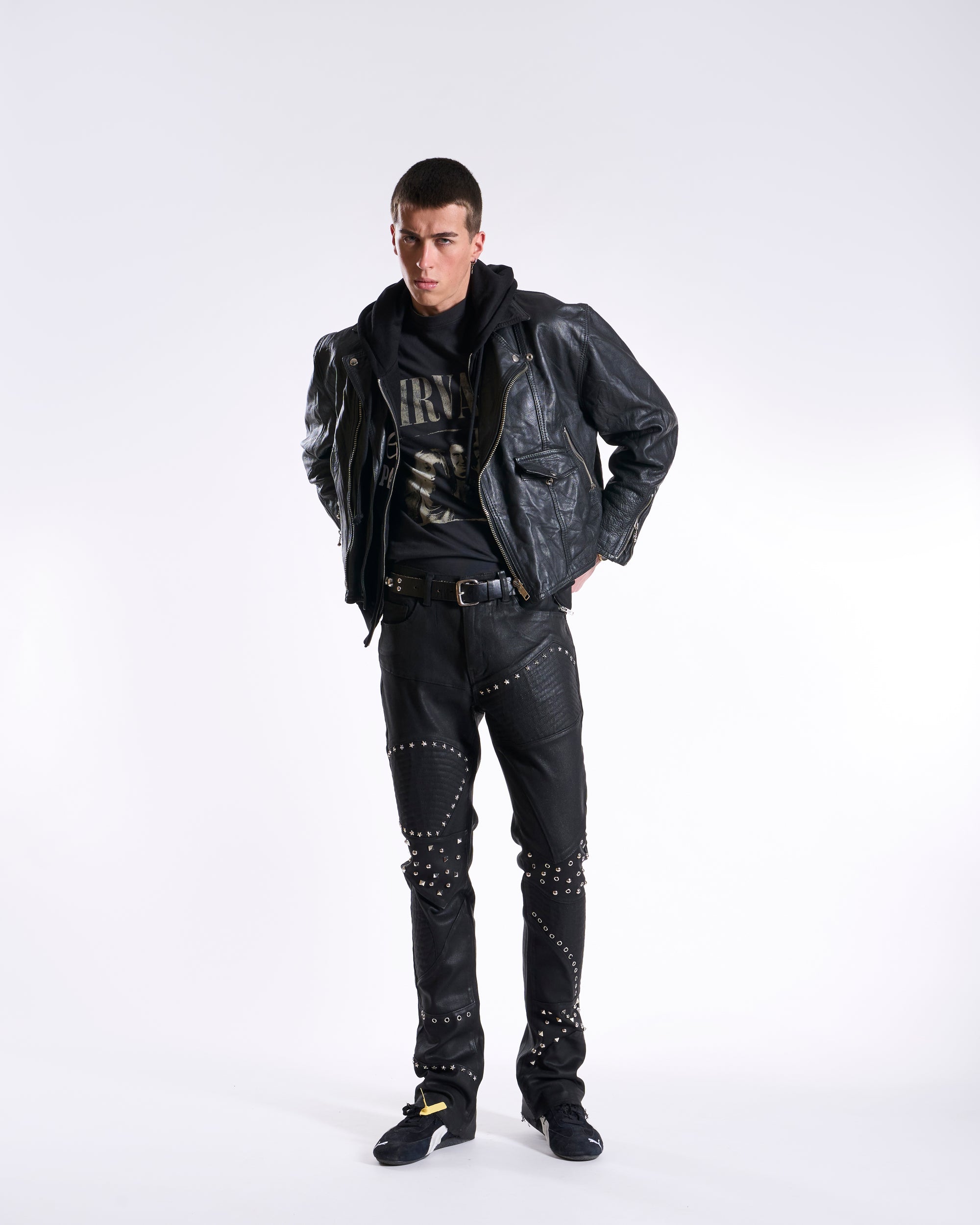 Waimea Men's Rock & Roll Wax Coated Studded Stacked Jeans