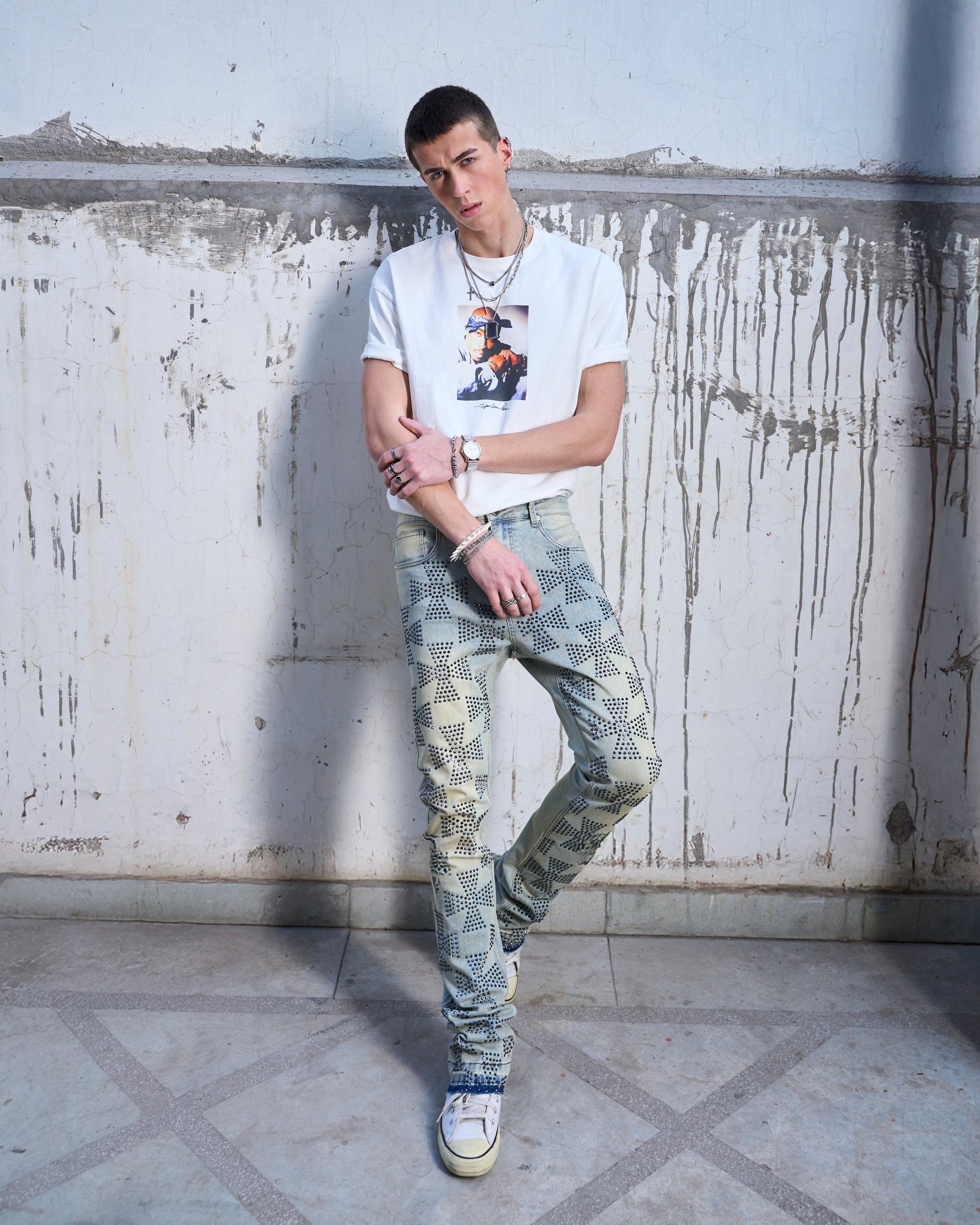 Waimea Men's Roman Cross Rhinestone Stacked Jeans