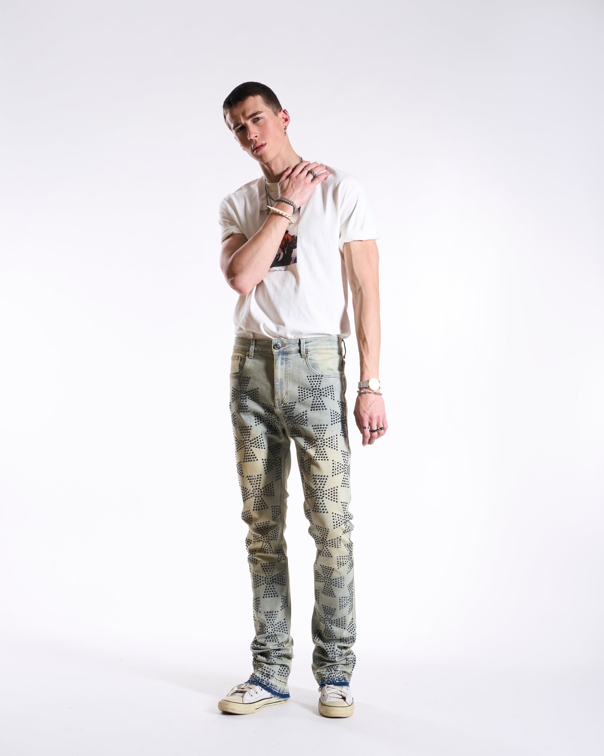 Waimea Men's Roman Cross Rhinestone Stacked Jeans