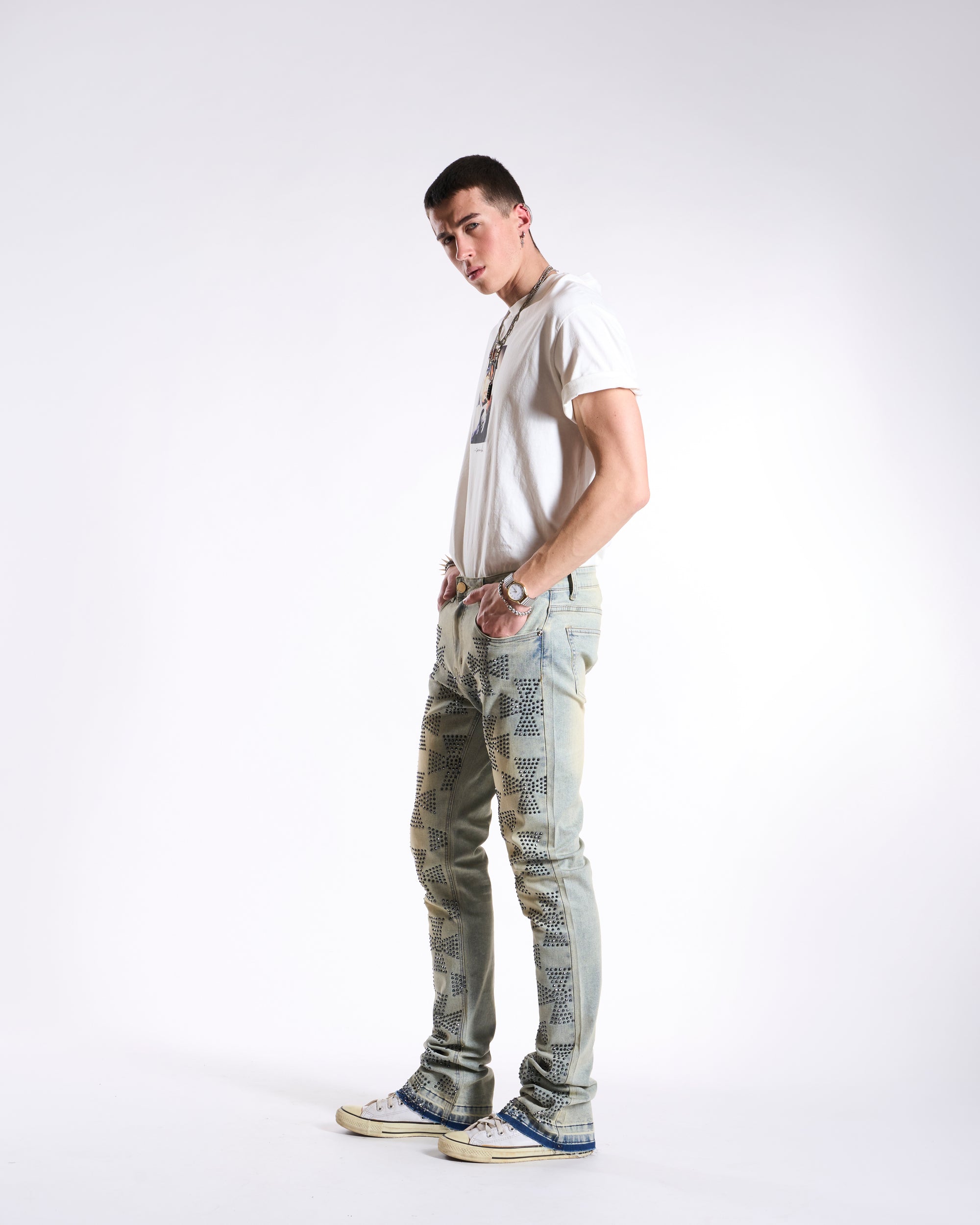 Waimea Men's Roman Cross Rhinestone Stacked Jeans