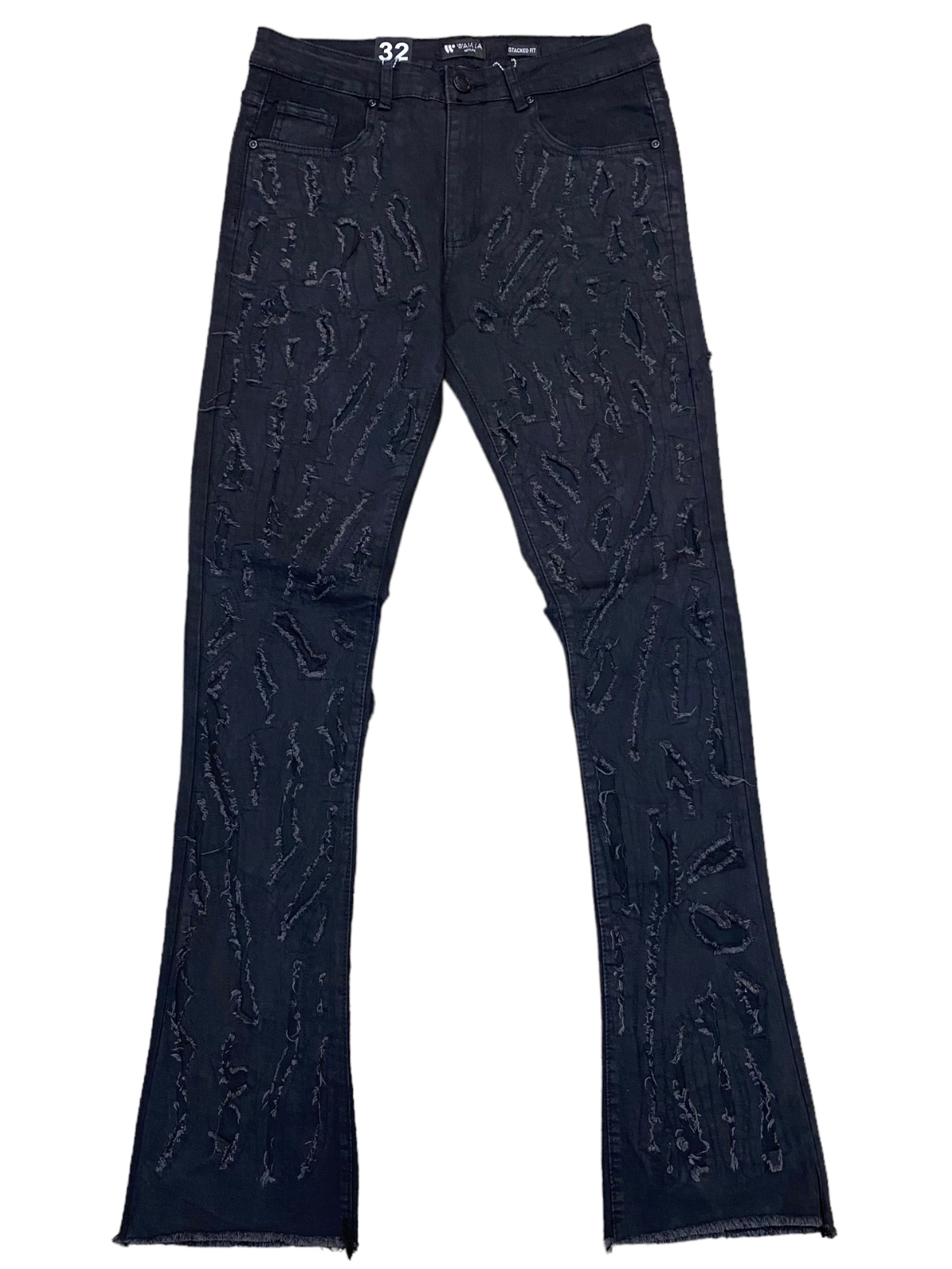 Waimea Men's Jet Black Stacked Jeans with Full-Length Shredded Rips