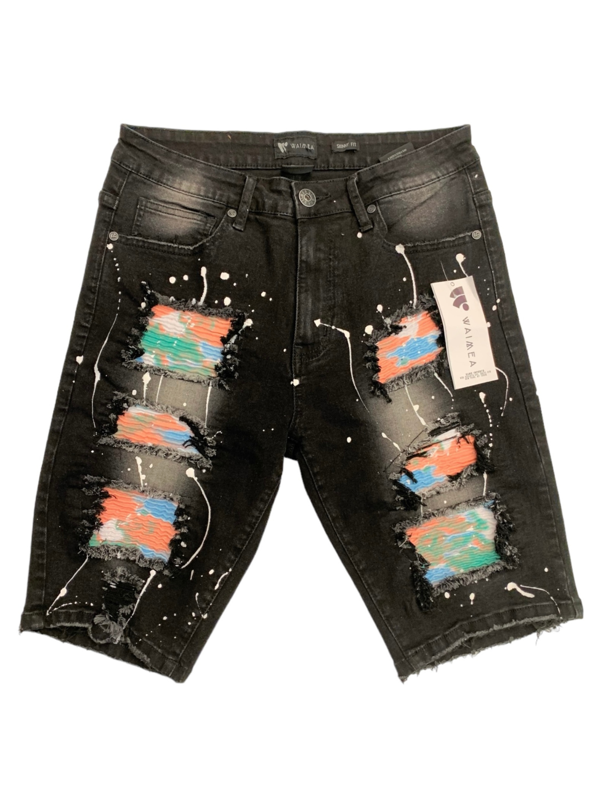 Waimea Men's Black Wash Denim Shorts with Tie-Dye Moto Patches