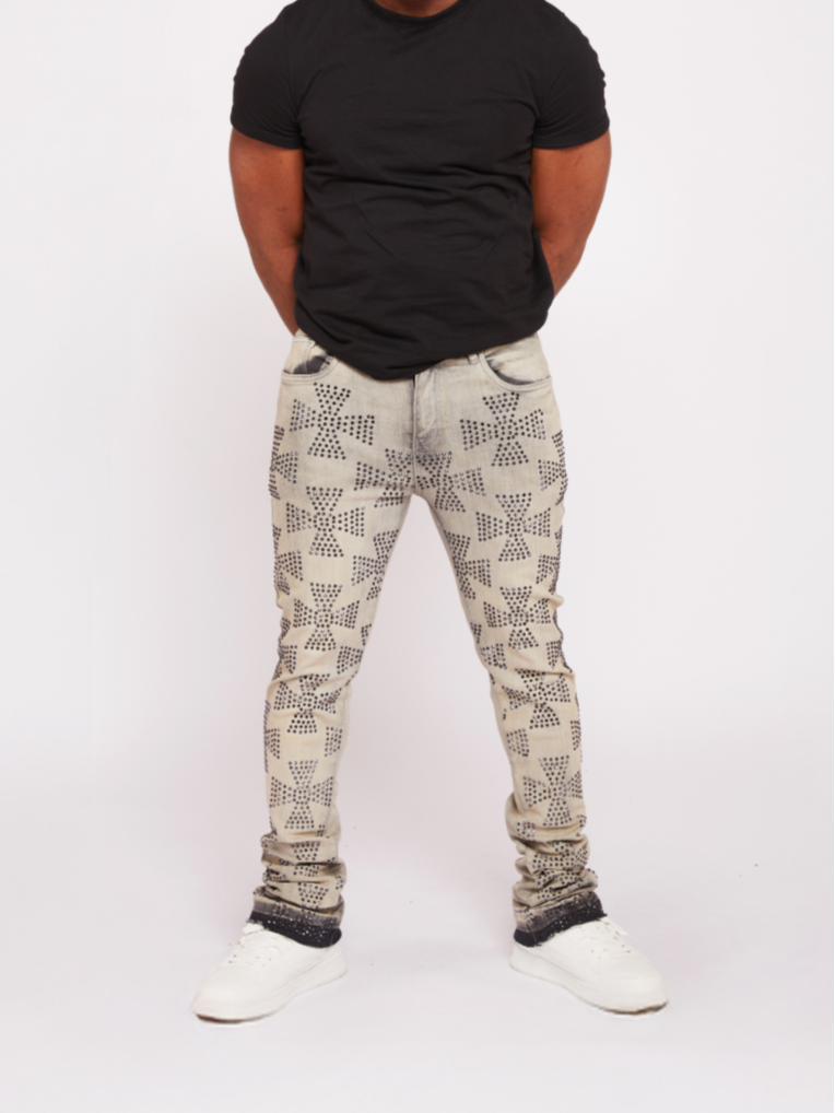 Waimea Men's Roman Cross Rhinestone Stacked Jeans