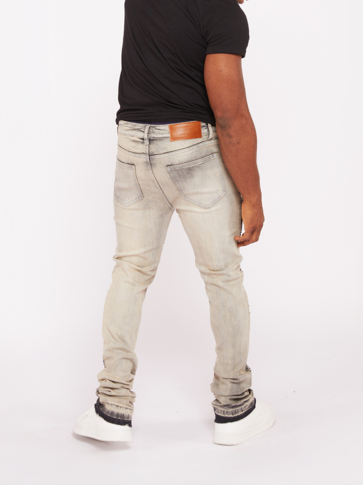 Waimea Men's Roman Cross Rhinestone Stacked Jeans