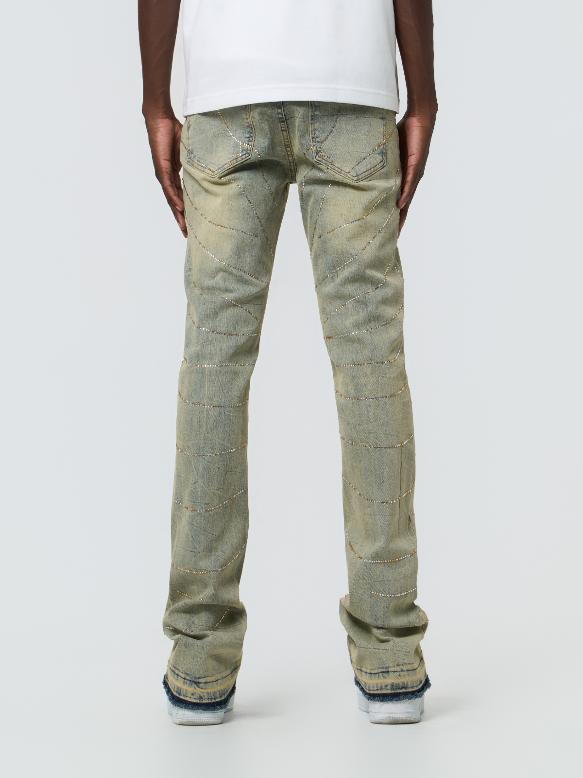 W by Waimea Men's Stacked  Silver Rhinestone Wave Jeans