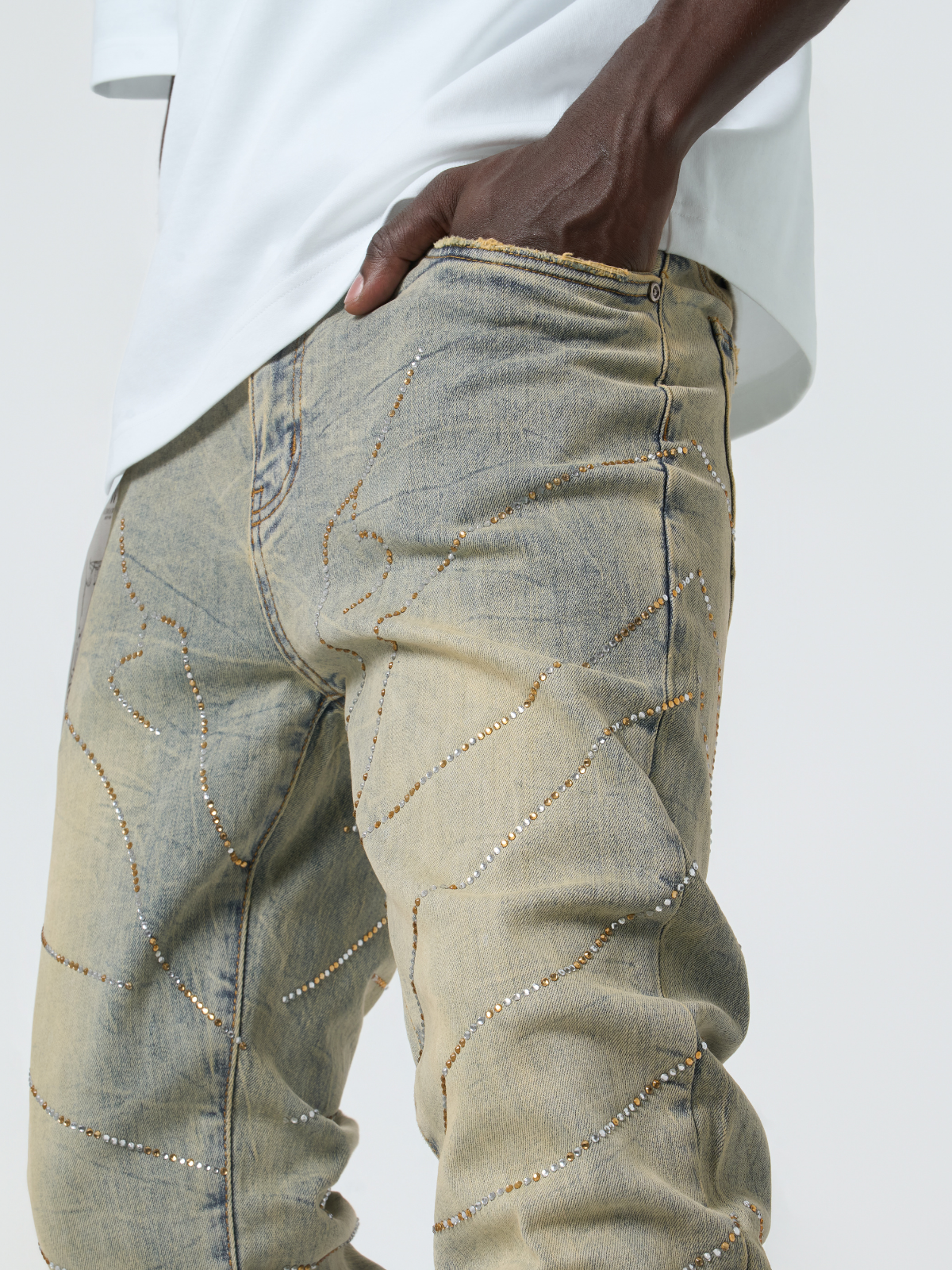 W by Waimea Men's Stacked  Silver Rhinestone Wave Jeans