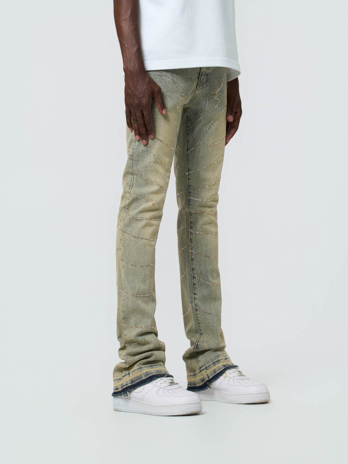 W by Waimea Men's Stacked  Silver Rhinestone Wave Jeans