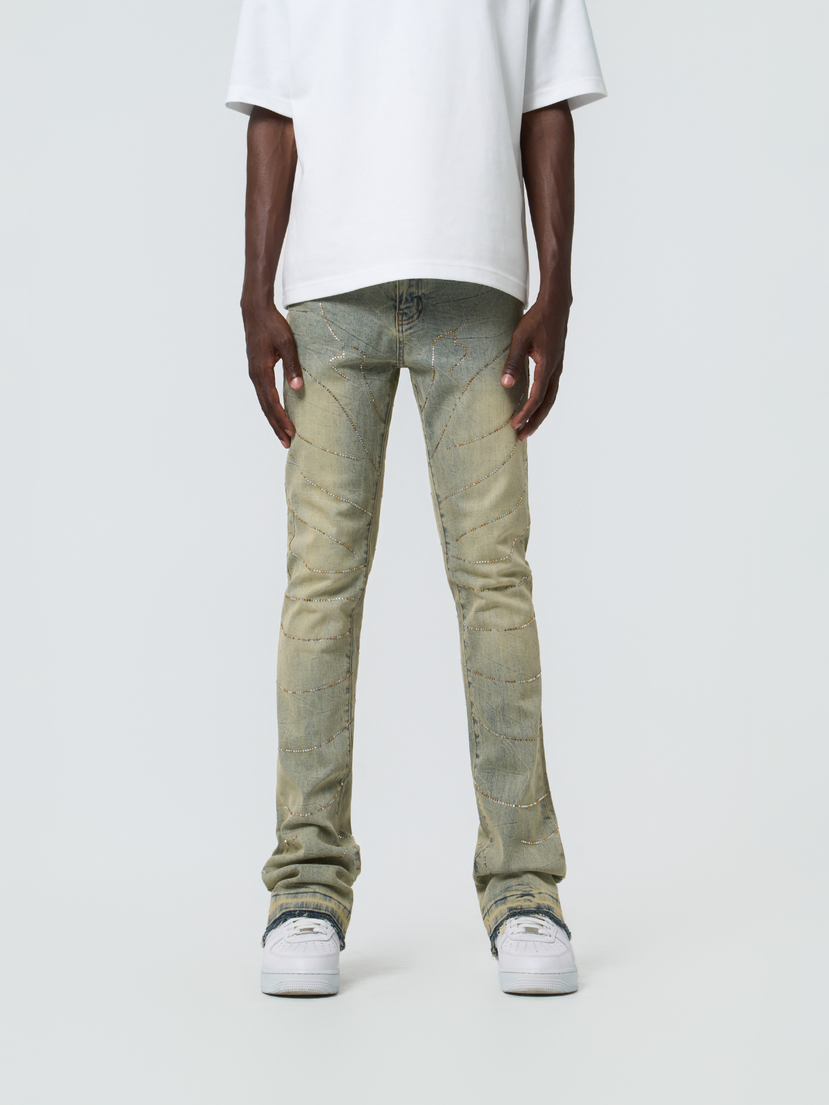 W by Waimea Men's Stacked  Silver Rhinestone Wave Jeans