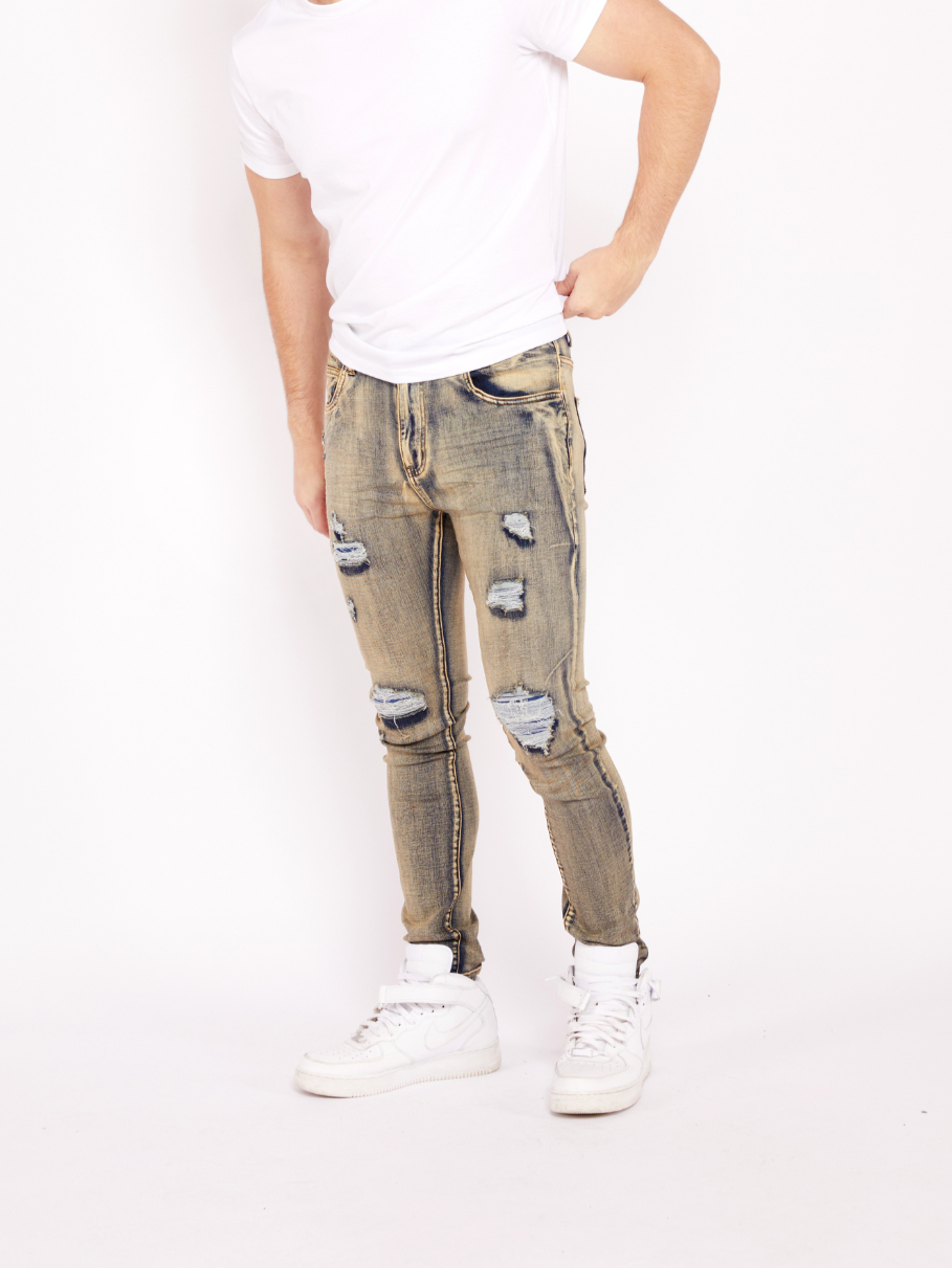 Waimea Men's Grey Wash Skinny Jeans with Rips & Repair