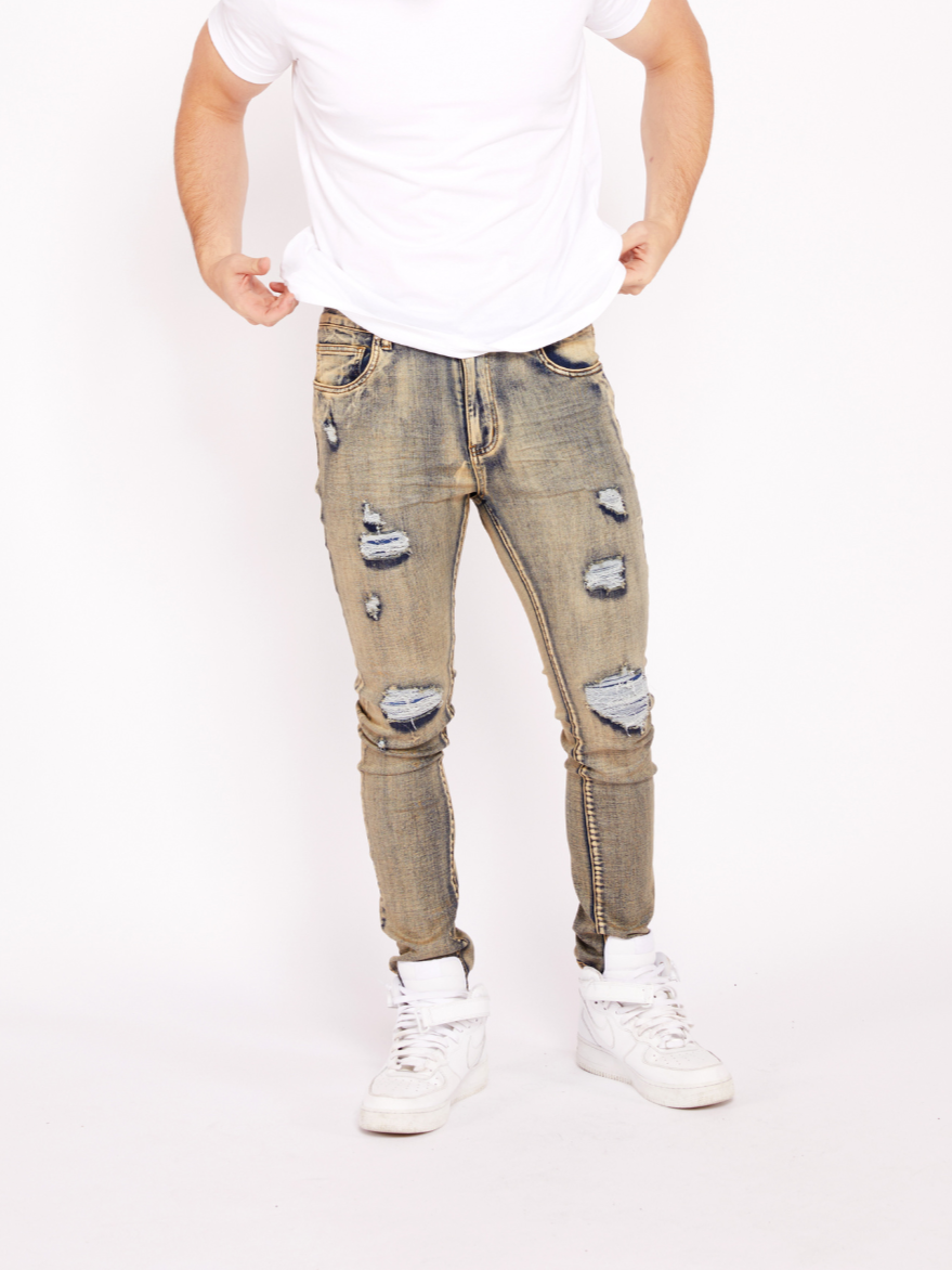 Waimea Men's Grey Wash Skinny Jeans with Rips & Repair