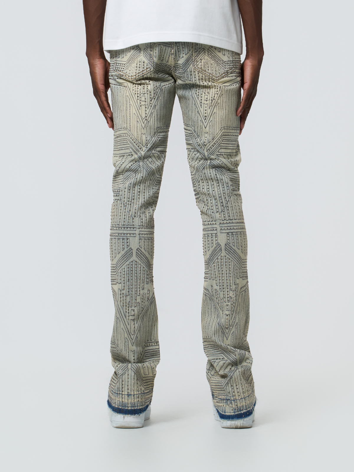 W by Waimea Men's Jet Black Silver Studded Stacked Jeans
