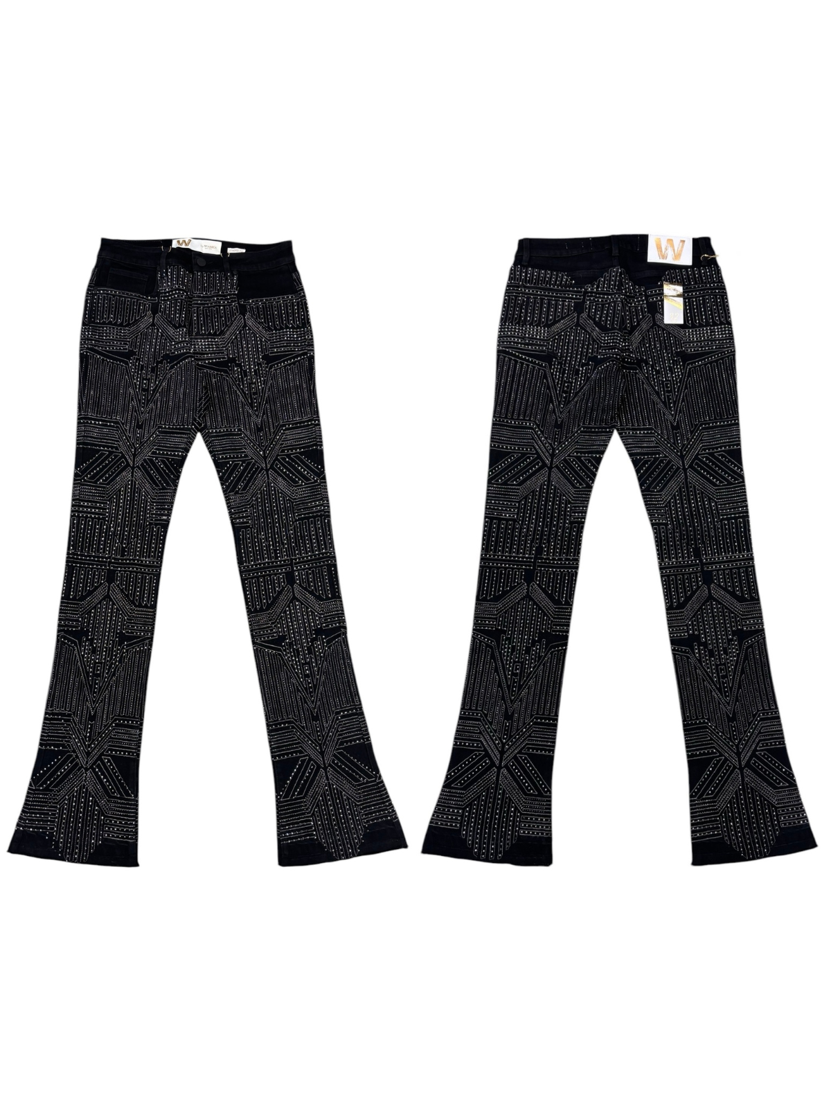W by Waimea Men's Jet Black Silver Studded Stacked Jeans