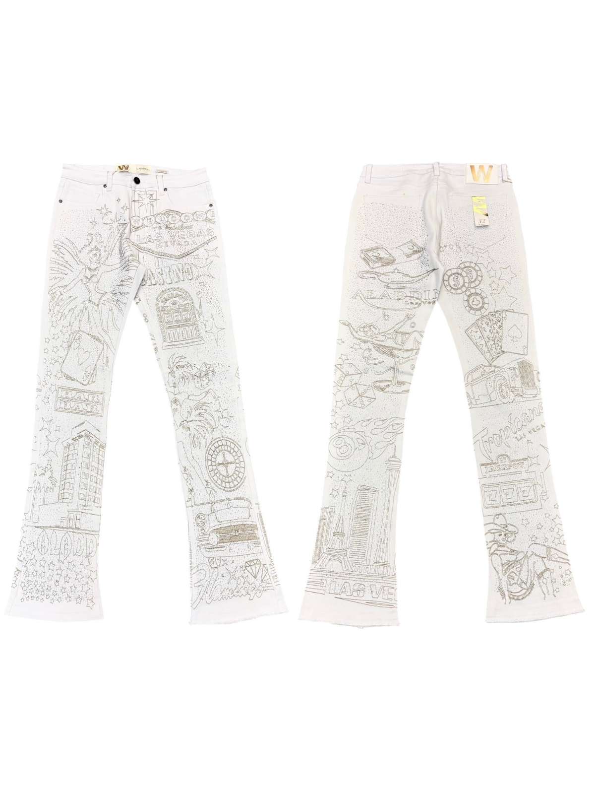 W by Waimea Men's "Las Vegas" Rhinestones (Front & Back) Stacked Fit Jeans