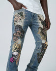 W by Waimea Men's Stacked Fit Jean With Skull & Floral Embroidery