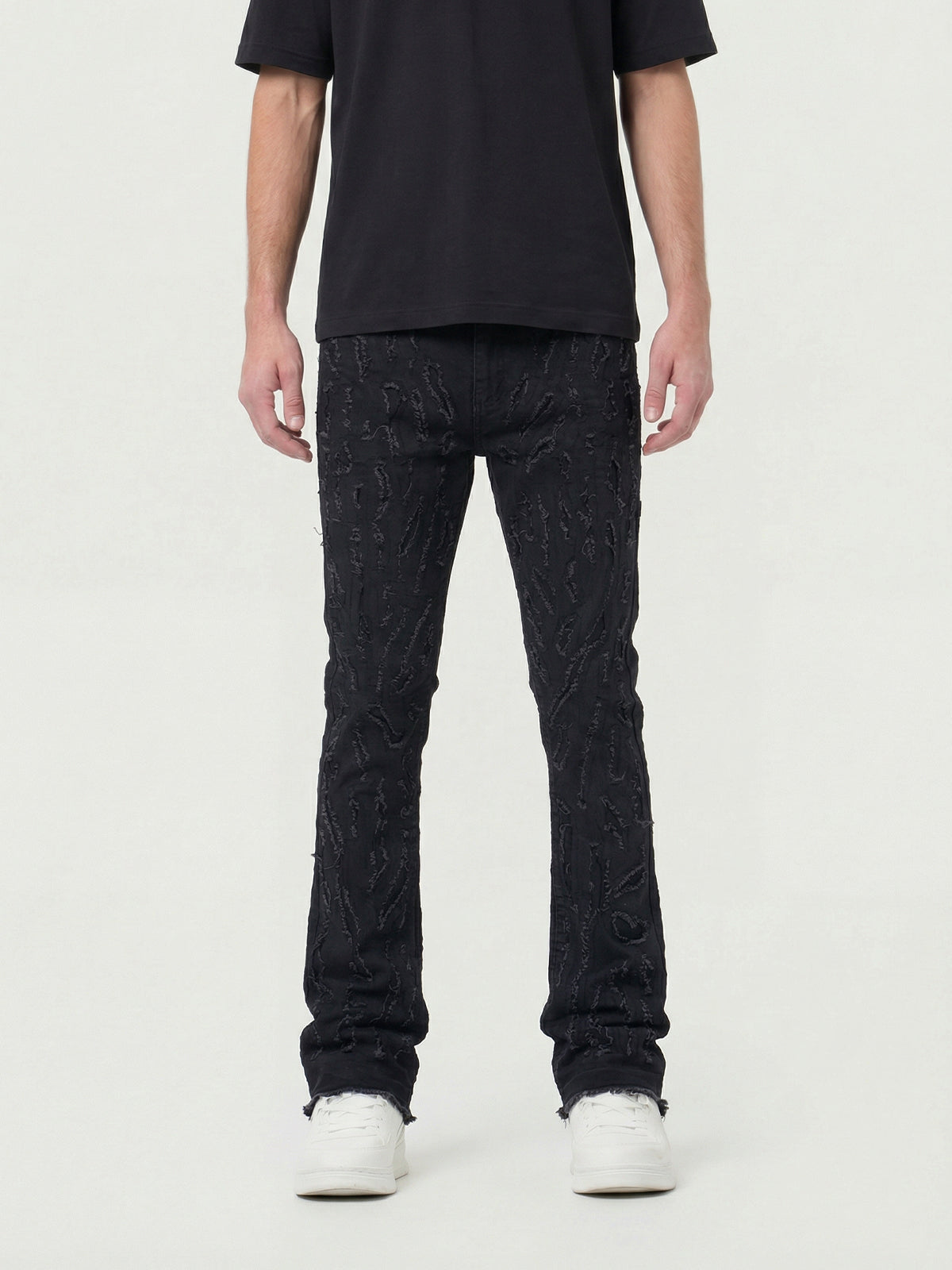 Waimea Men's Jet Black Stacked Jeans with Full-Length Shredded Rips
