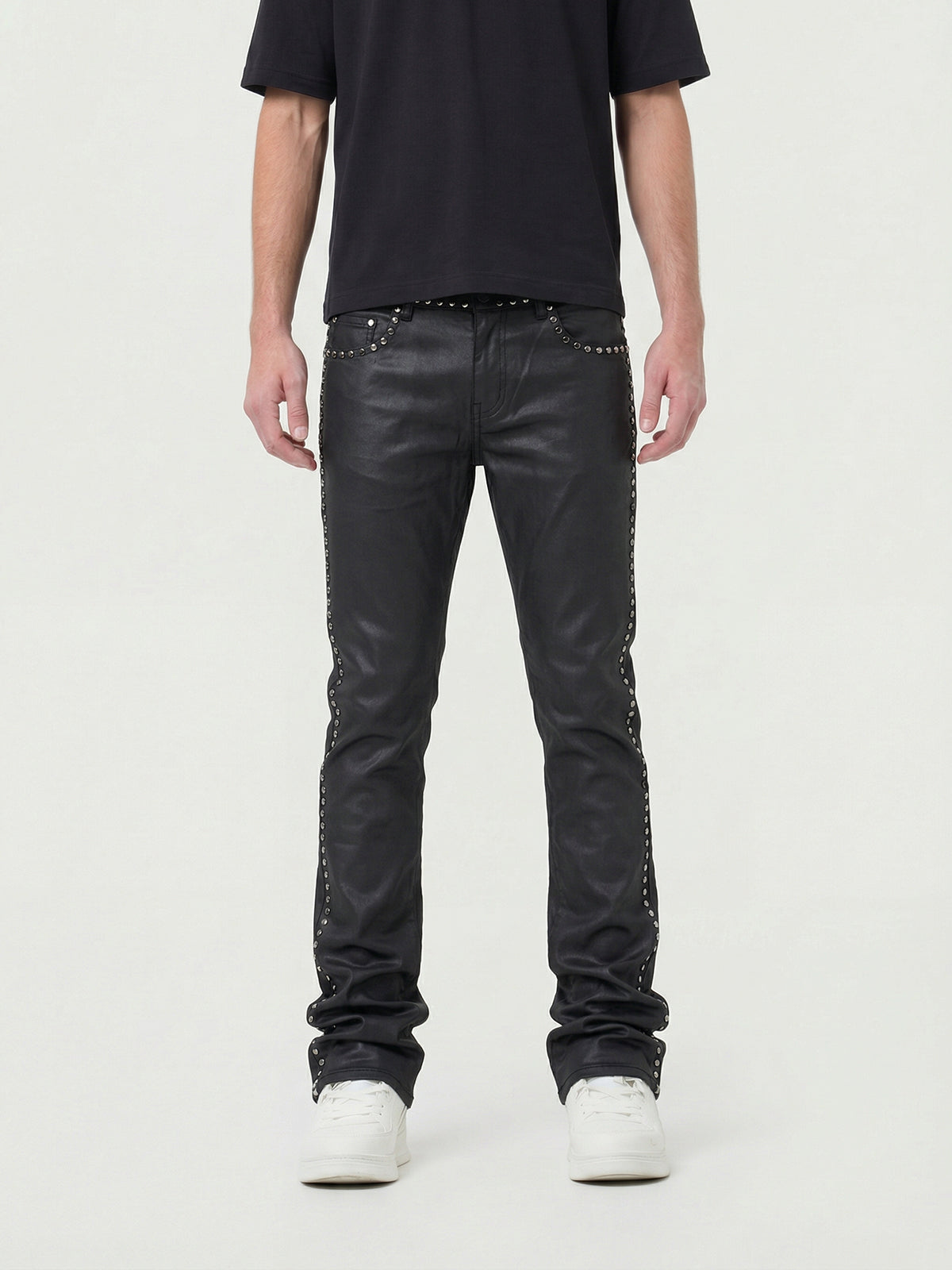 Waimea Men's Jet Black Wax Coated Stacked Jeans with Studs