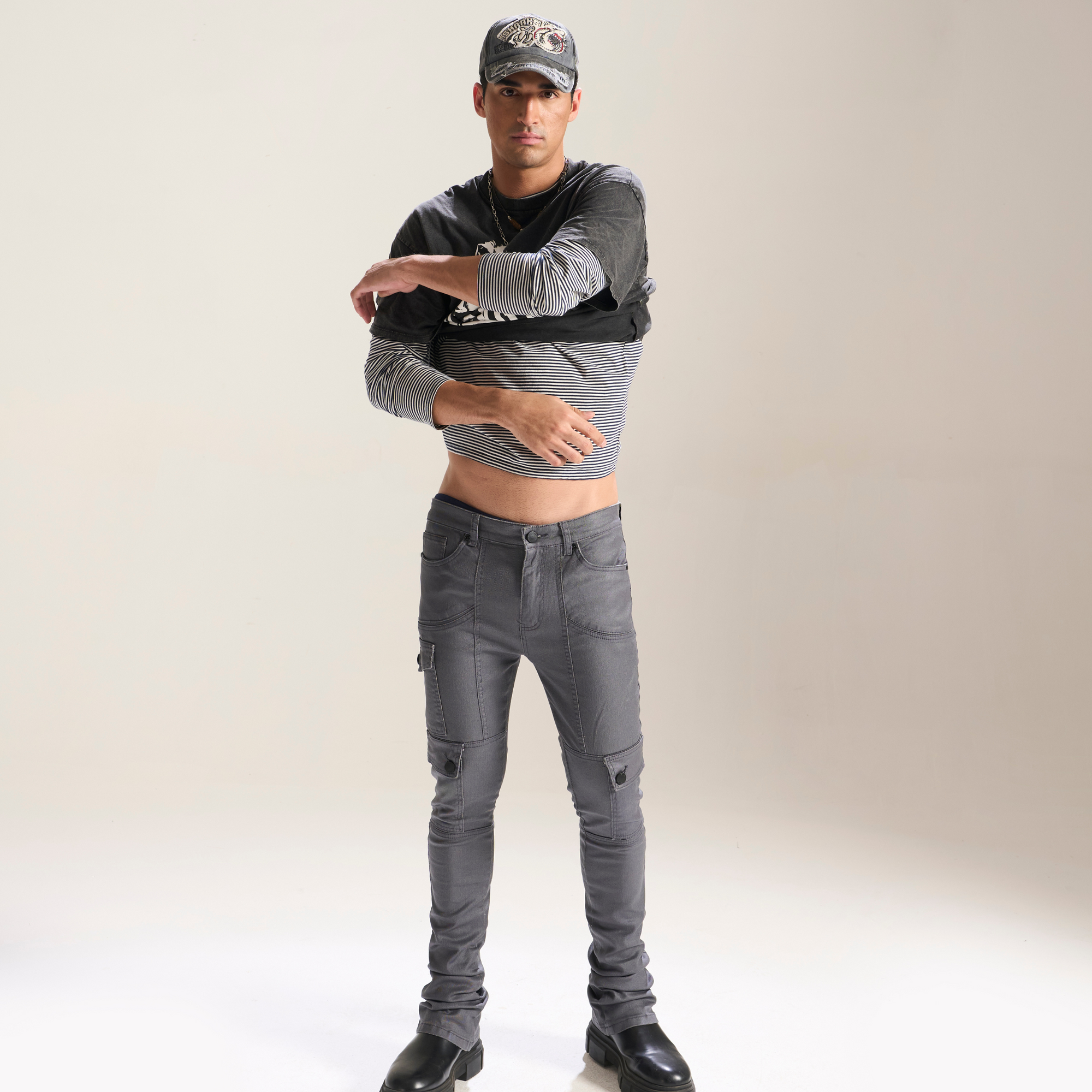 Grey Stacked Fit Coated Wax Jeans
