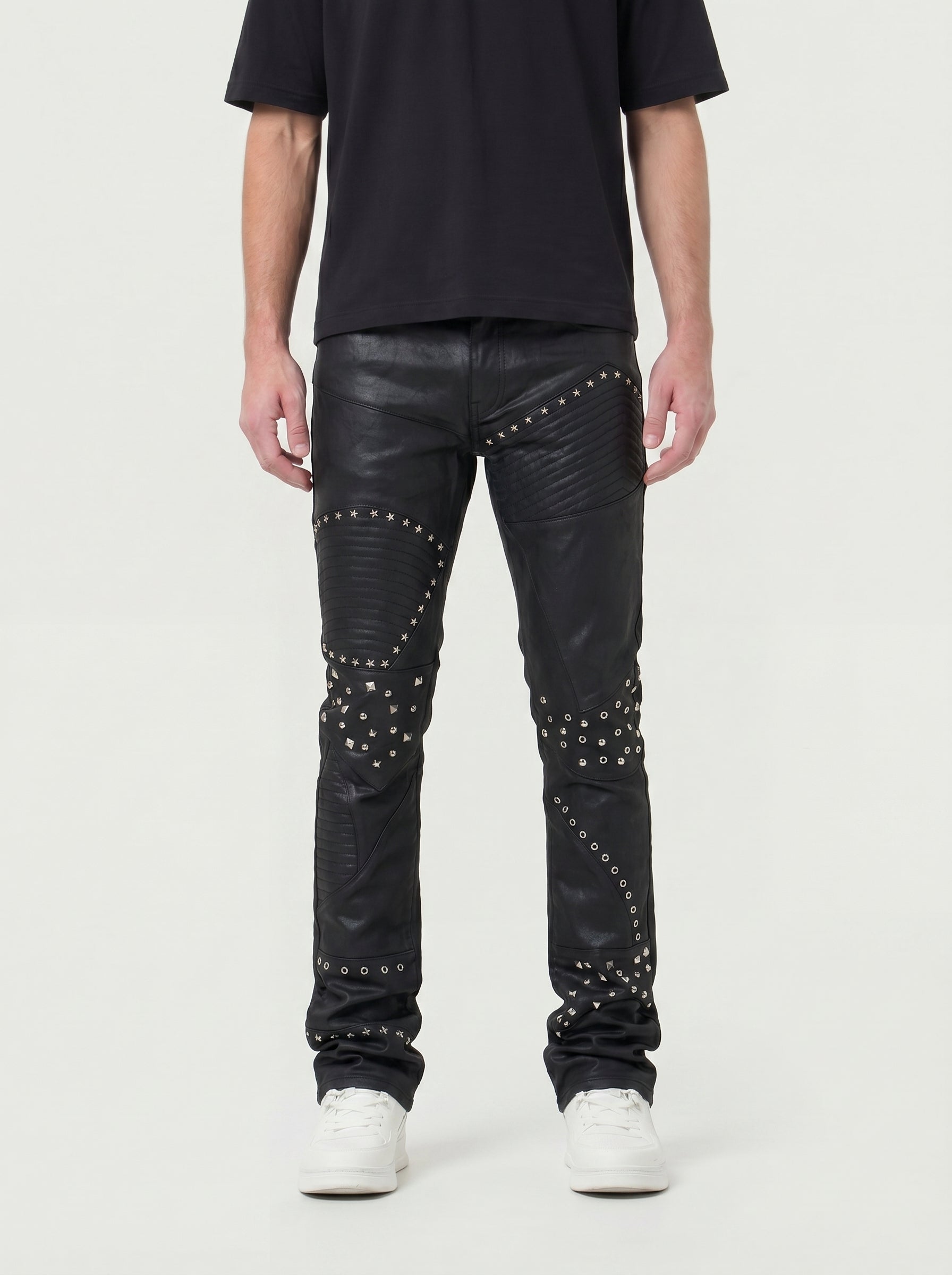 Waimea Men's Rock &amp; Roll Wax Coated Studded Stacked Jeans