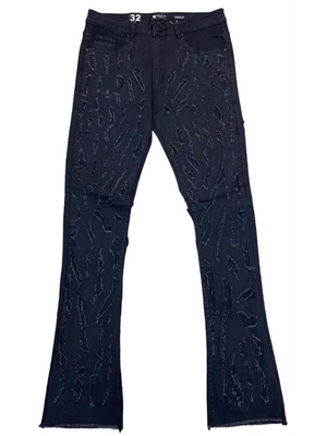 Waimea Men's Jet Black Stacked Jeans with Full-Length Shredded Rips