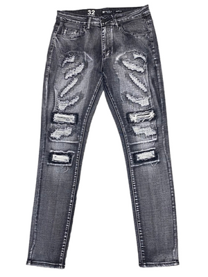 Waimea Men's Black Bleach Wash Skinny Jeans with Distressed Rips