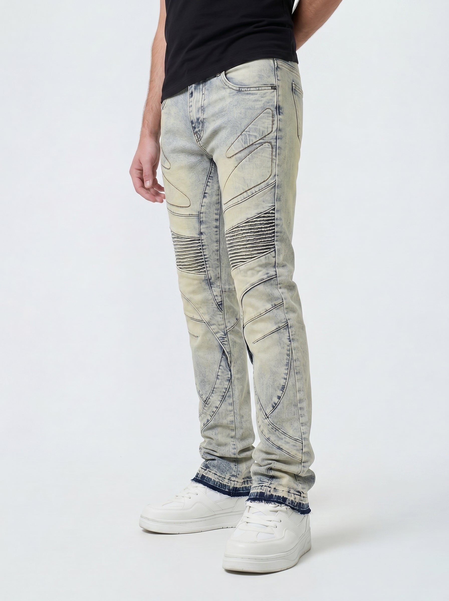 W by Waimea Men’s Stacked Fit Wax Jeans with Embossed Panels