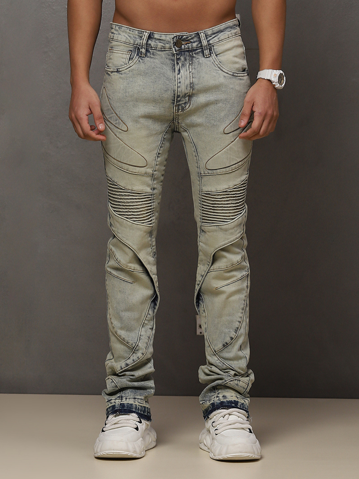 W by Waimea Men’s Stacked Fit Wax Jeans with Embossed Panels