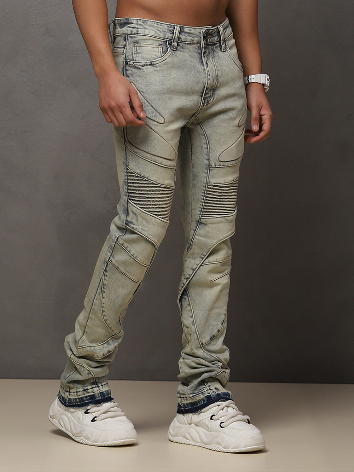 W by Waimea Men’s Stacked Fit Wax Jeans with Embossed Panels