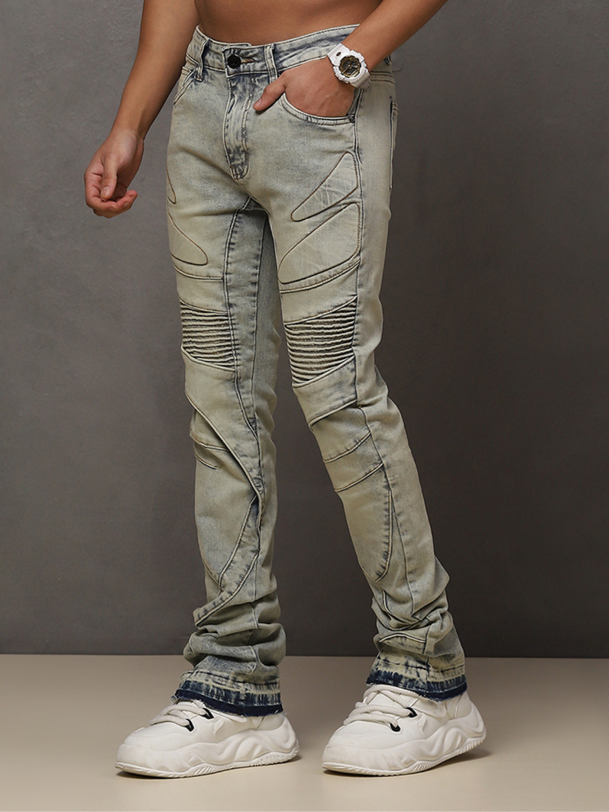 W by Waimea Men’s Stacked Fit Wax Jeans with Embossed Panels