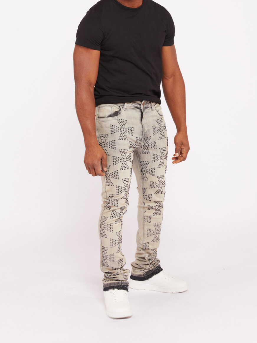 Waimea Men&#39;s Roman Cross Rhinestone Stacked Jeans