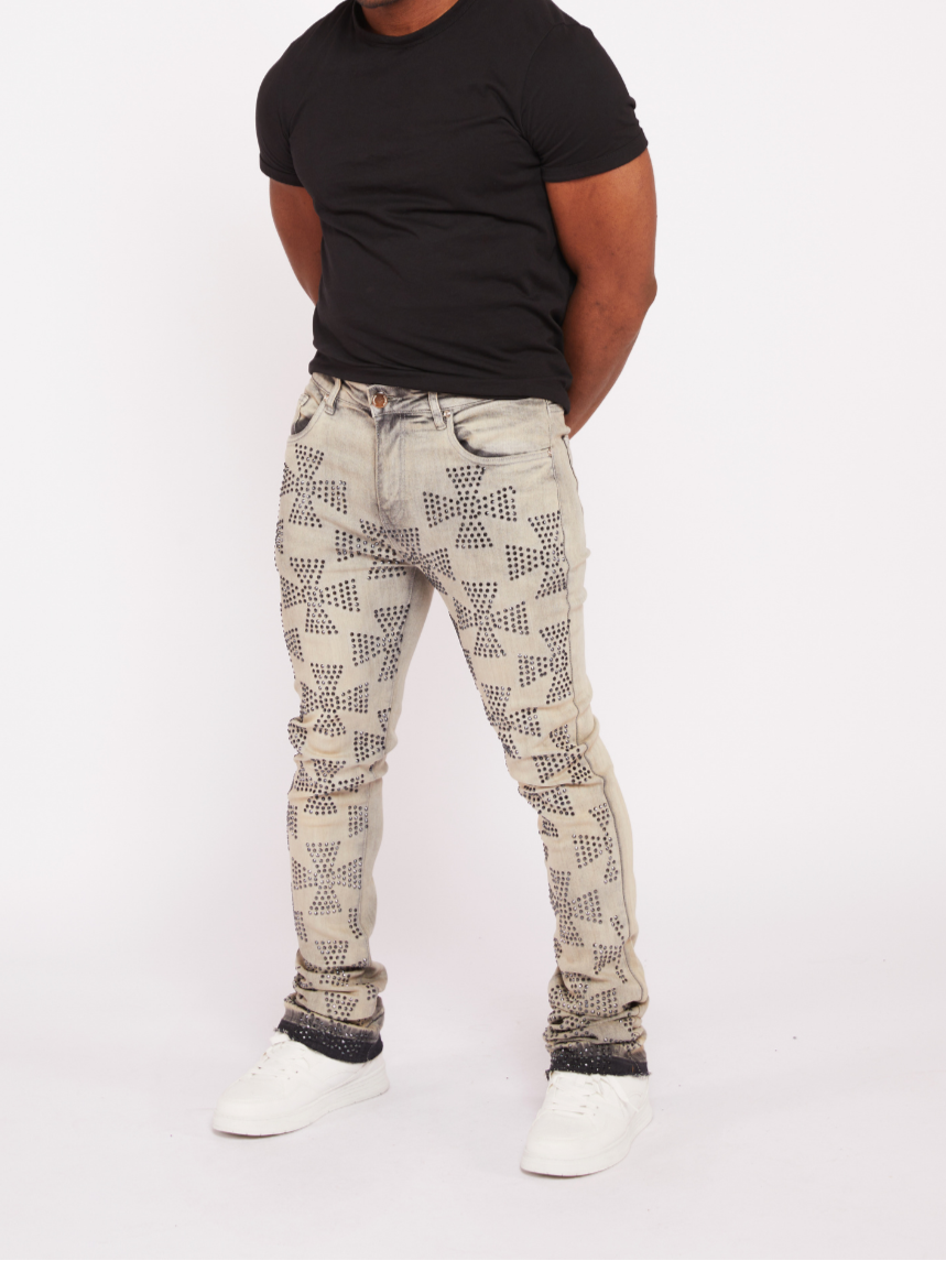 Waimea Men&#39;s Roman Cross Rhinestone Stacked Jeans