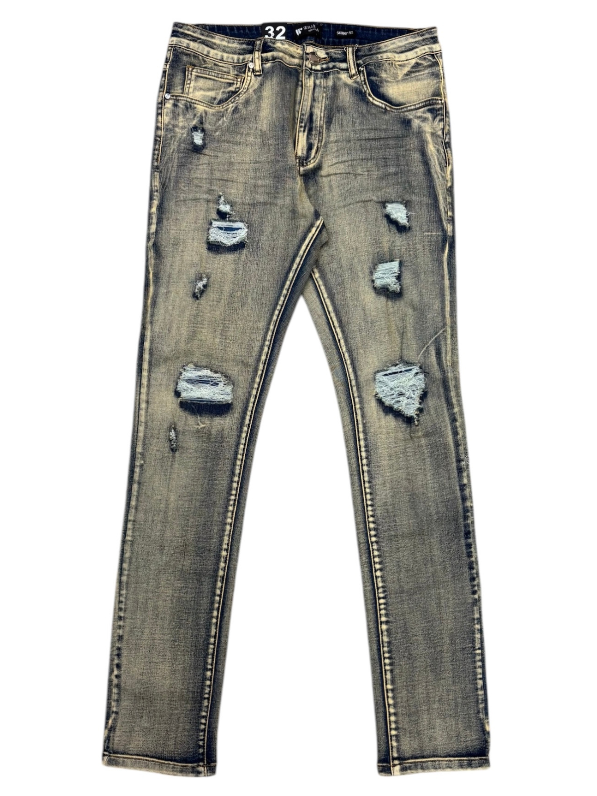 Waimea Men&#39;s Grey Wash Skinny Jeans with Rips &amp; Repair